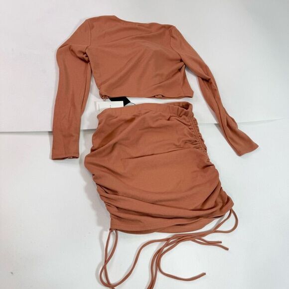 m.n.i. Los Angeles Top Skirt Set Womens Large Tan Mini Cropped New Babydoll - Picture 8 of 11